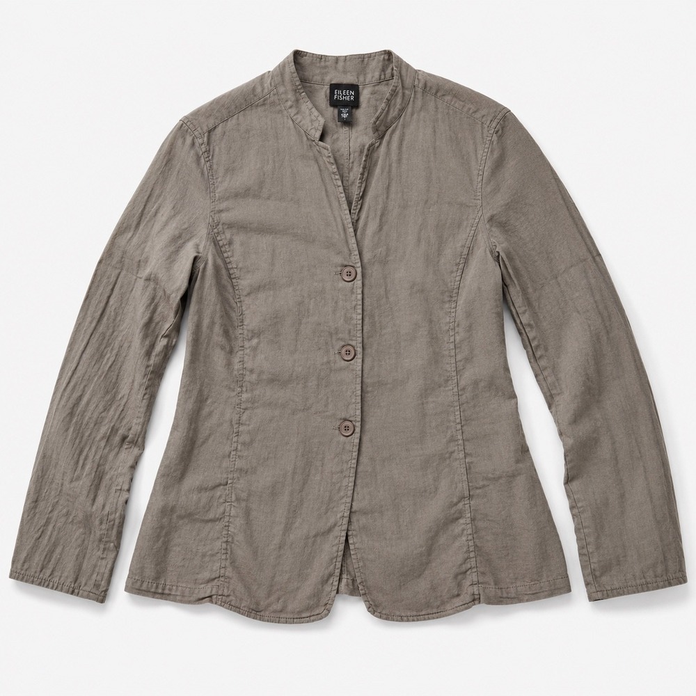 Eileen Fisher Italian Linen Blend Mandarin Collar Blazer Brown Taupe Small